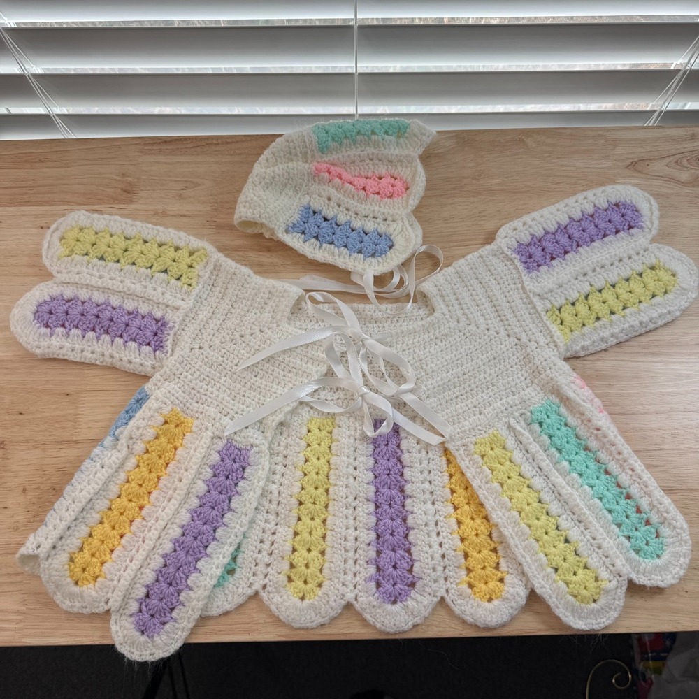 Cardigan Baby Girl Multicolor Crochet‎ Tie Waist Cozy  Sweater & Cap Bonnet VTG